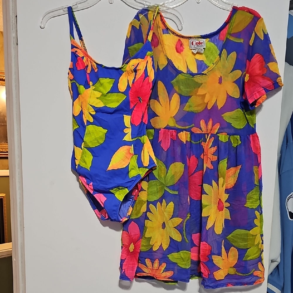 Cole Of California Colorful Floral Coverup & Swimsuit Set Sz 10 Vintage Beach
